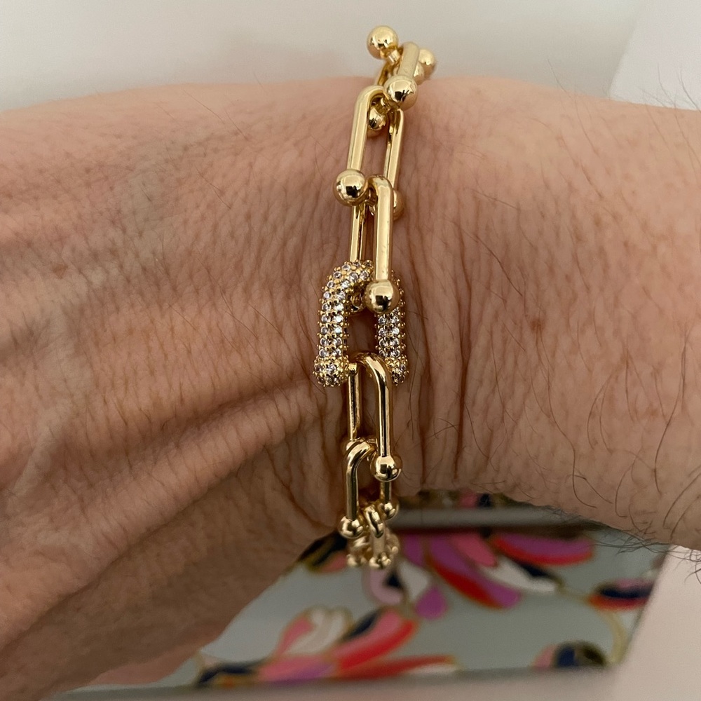 Chunky Gold Equestrian U Link Chain Pave Station Bracelet Pave Link Brac…
